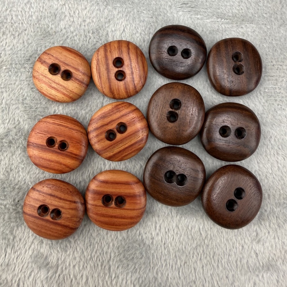 Vintage Wood Buttons Round Brown 2-Hole Flat 12pc Set